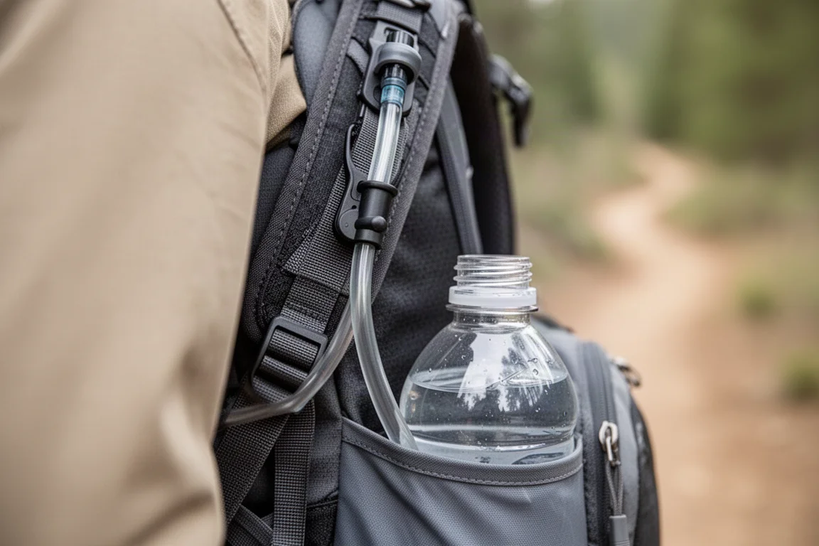 Tubo de hidratación enganchado a la correa del hombro de una mochila sobre una botella de agua