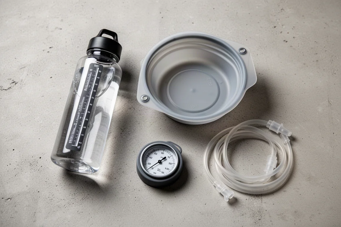 Flat-lay of backpacking items including a water bottle, fold-flat bowl, thermometer, and tubing