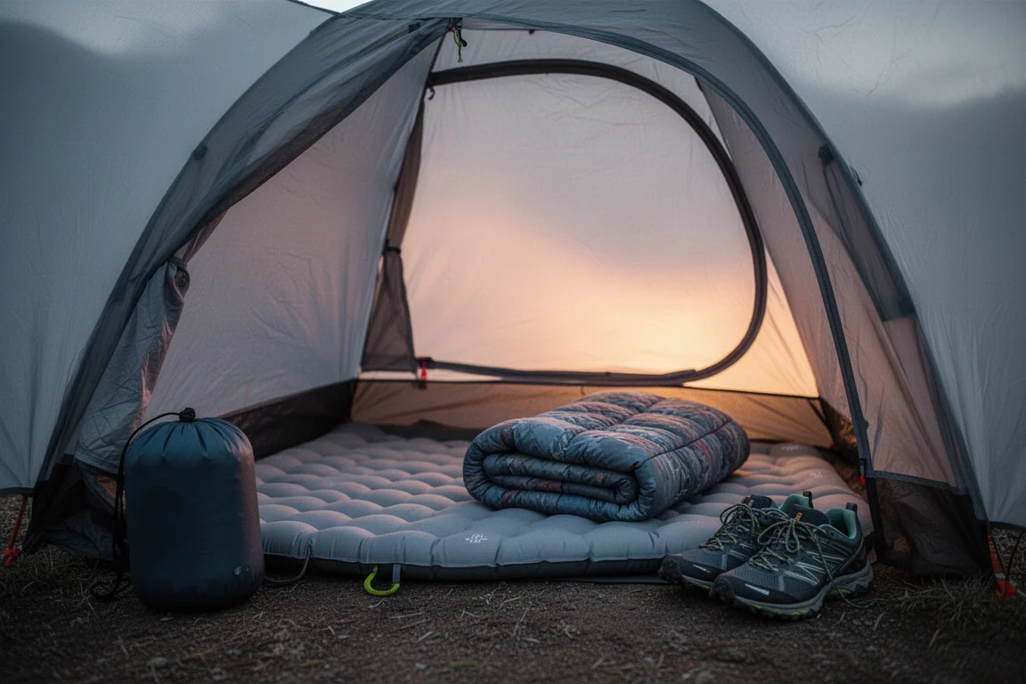 Insulated sleeping pad and folded quilt laid out inside a backpacking tent at dusk