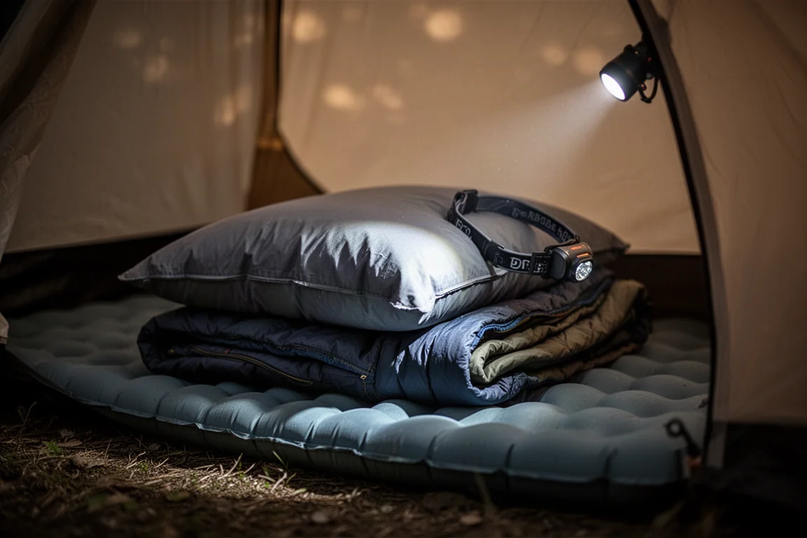 Camp pillow resting on an inflated sleeping pad inside a tent at night