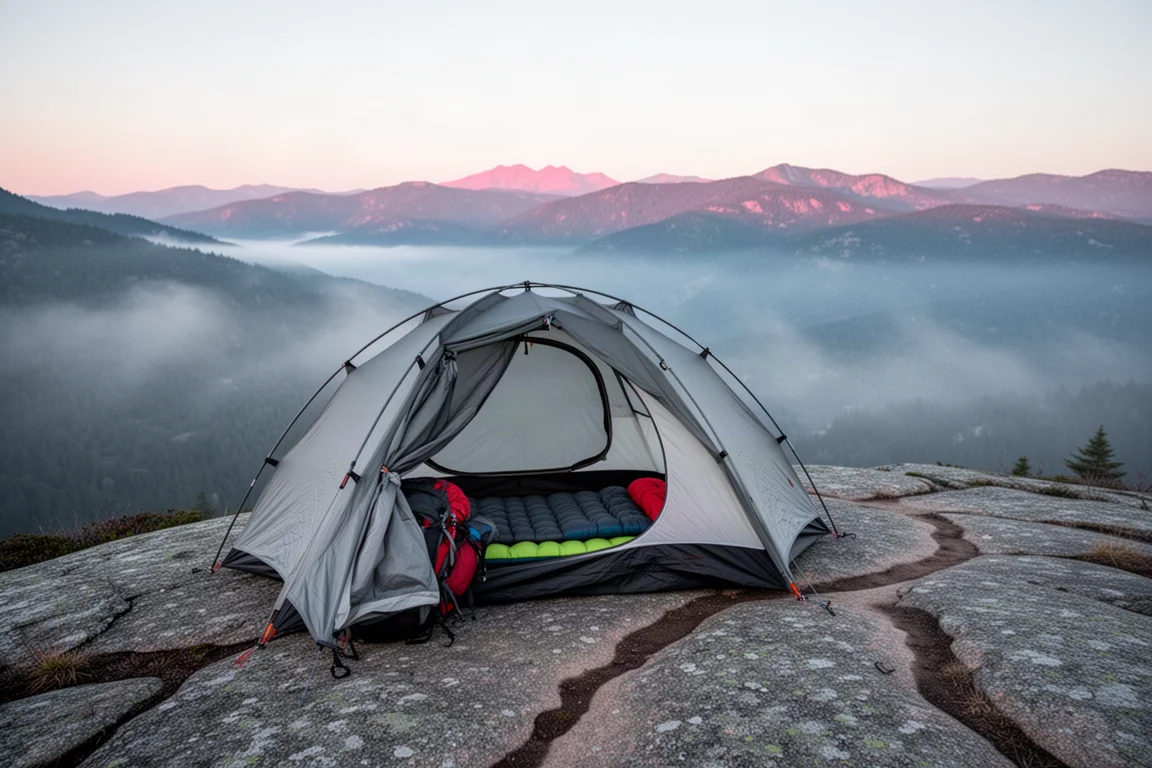 One-person tent pitched on a granite ledge at dawn with mist in the valley
