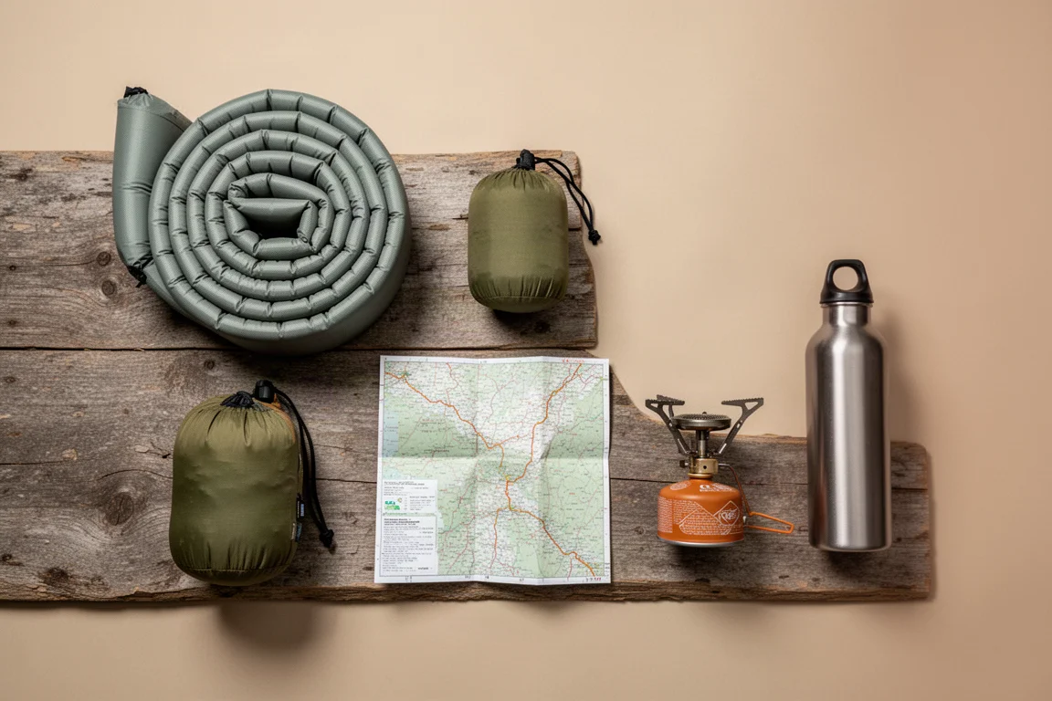 Overhead flat-lay of backpacking essentials arranged on weathered wooden boards