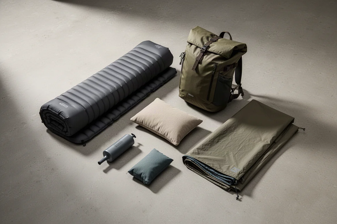 Backpacking sleep, pack, and shelter gear arranged on a matte concrete surface
