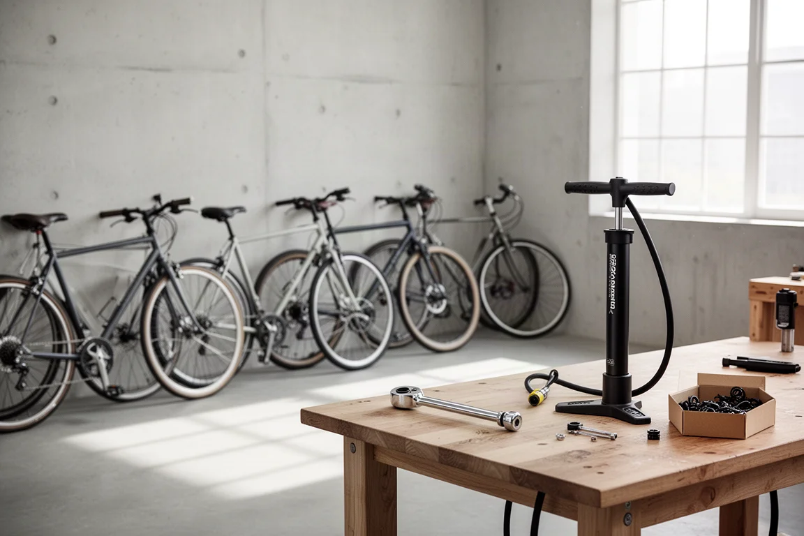 Vélos appuyés contre le mur d'un atelier avec des outils sur un établi en bois