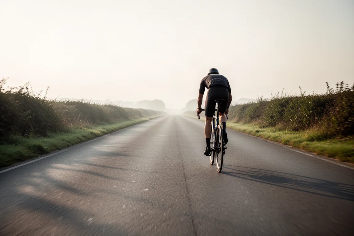 Cycliste sur un vélo de route aéro roulant vite sur une route plate et déserte à l'aube