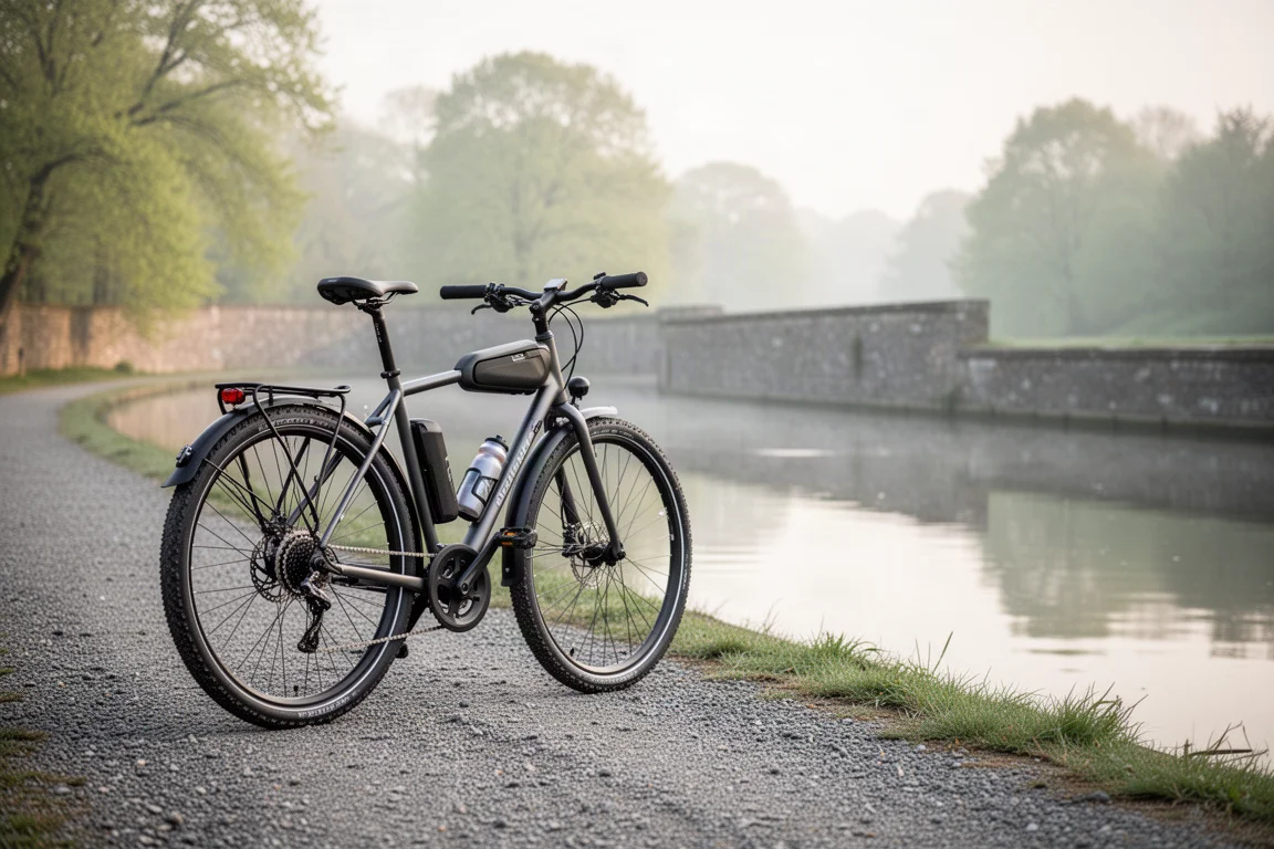Vélo hybride avec garde-boue garé sur un chemin de halage en gravier au bord de l'eau