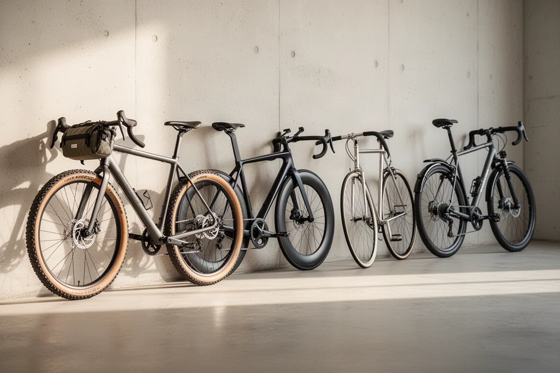 Quattro biciclette, tra cui una gravel, una bici da strada aero, una bici da pista in acciaio e una ibrida, allineate in un'officina