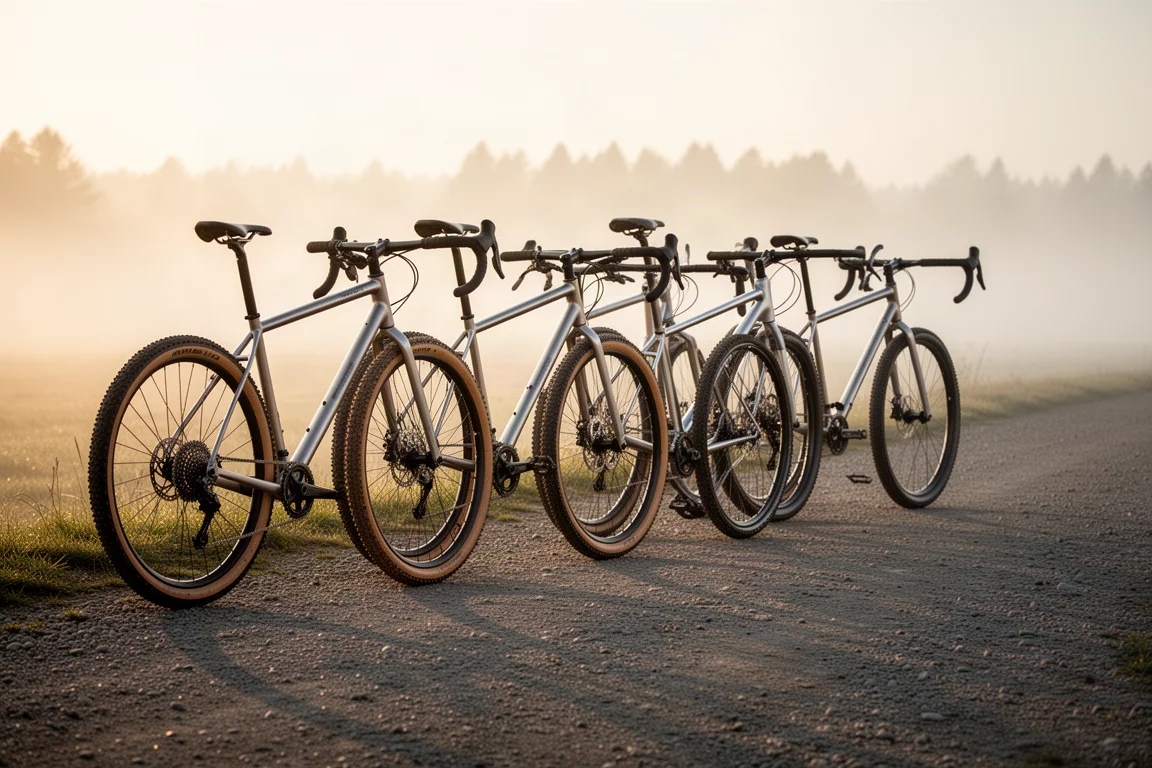 Bicicletas estacionadas em uma entrada de trilha de cascalho ao nascer do sol com neblina
