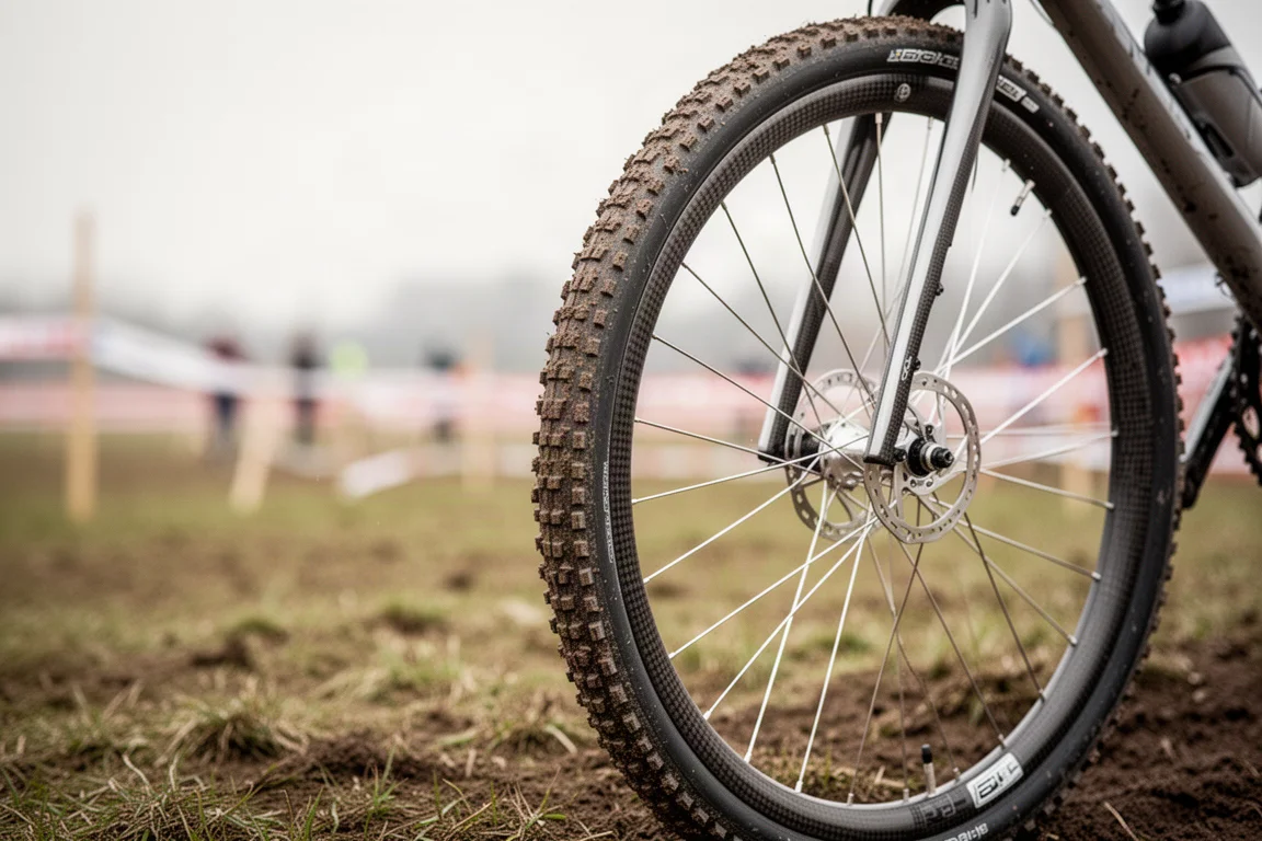 Close da roda de uma bike de cyclocross com aro de carbono e pneu cravudo