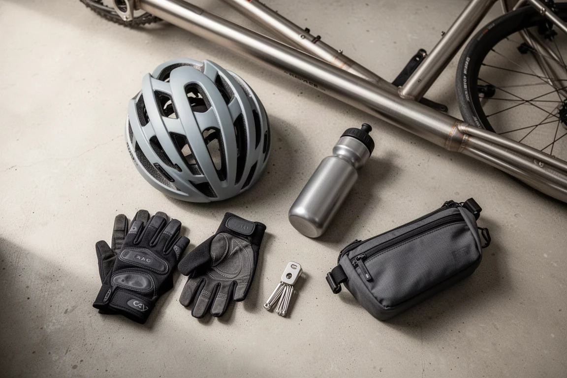 Flat-lay visto de cima de acessórios de ciclismo sobre superfície de concreto