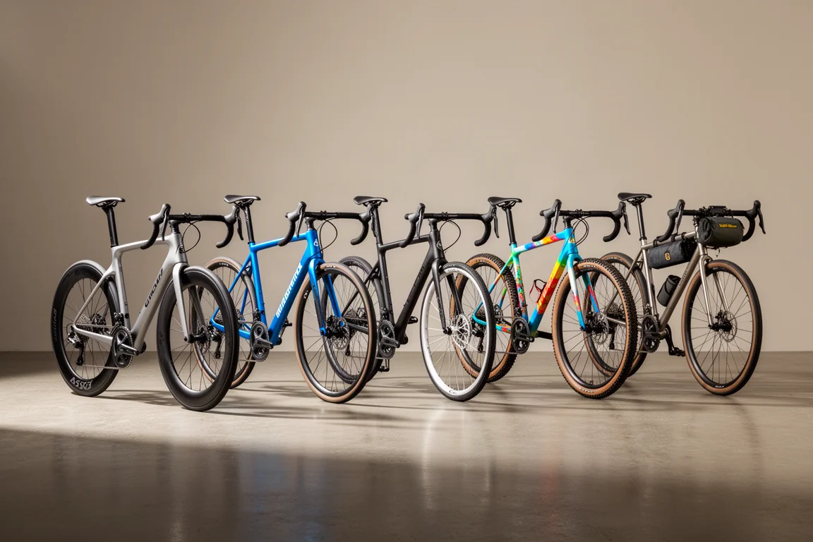 Six road, cyclocross, and titanium bicycles lined up in a studio on concrete