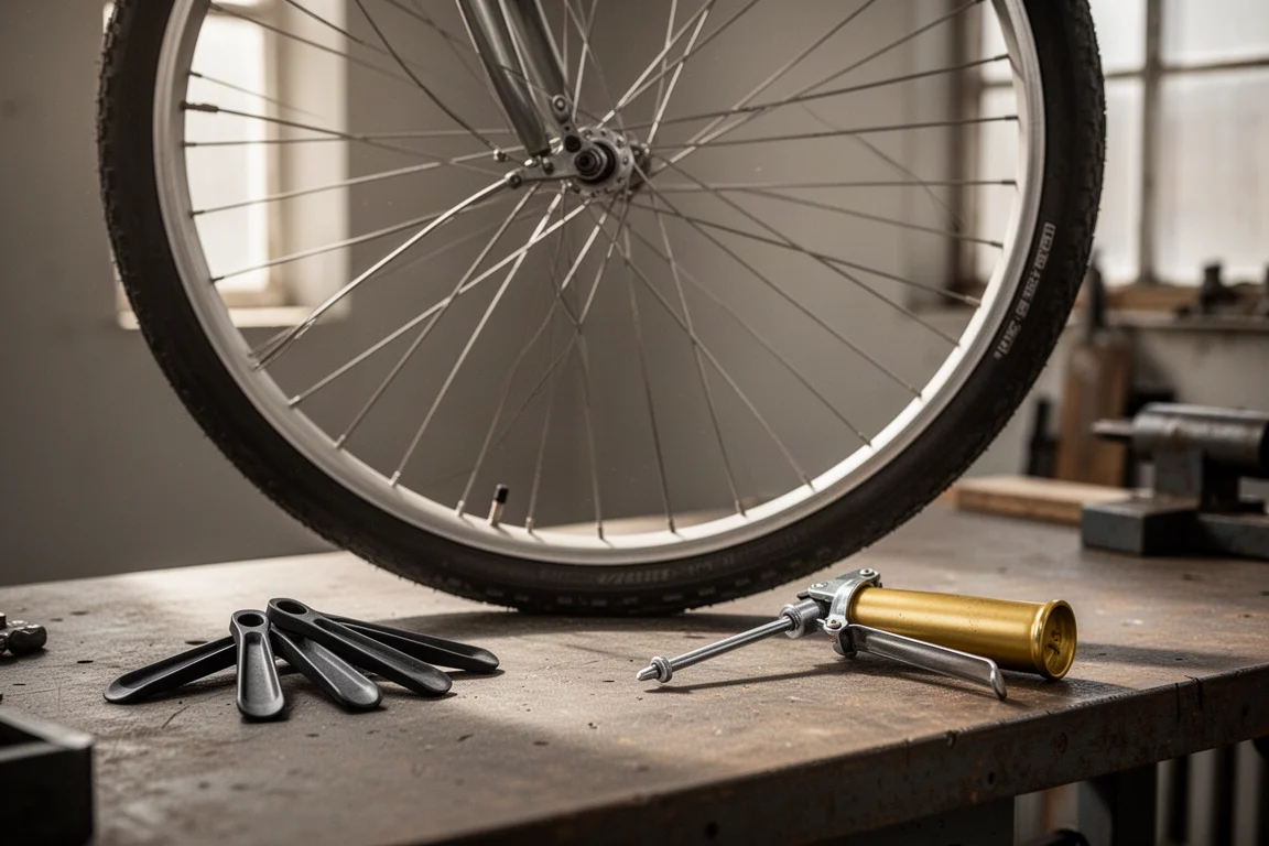 Ruota di bicicletta su un banco da officina accanto a leve smontagomme e una siringa per grasso