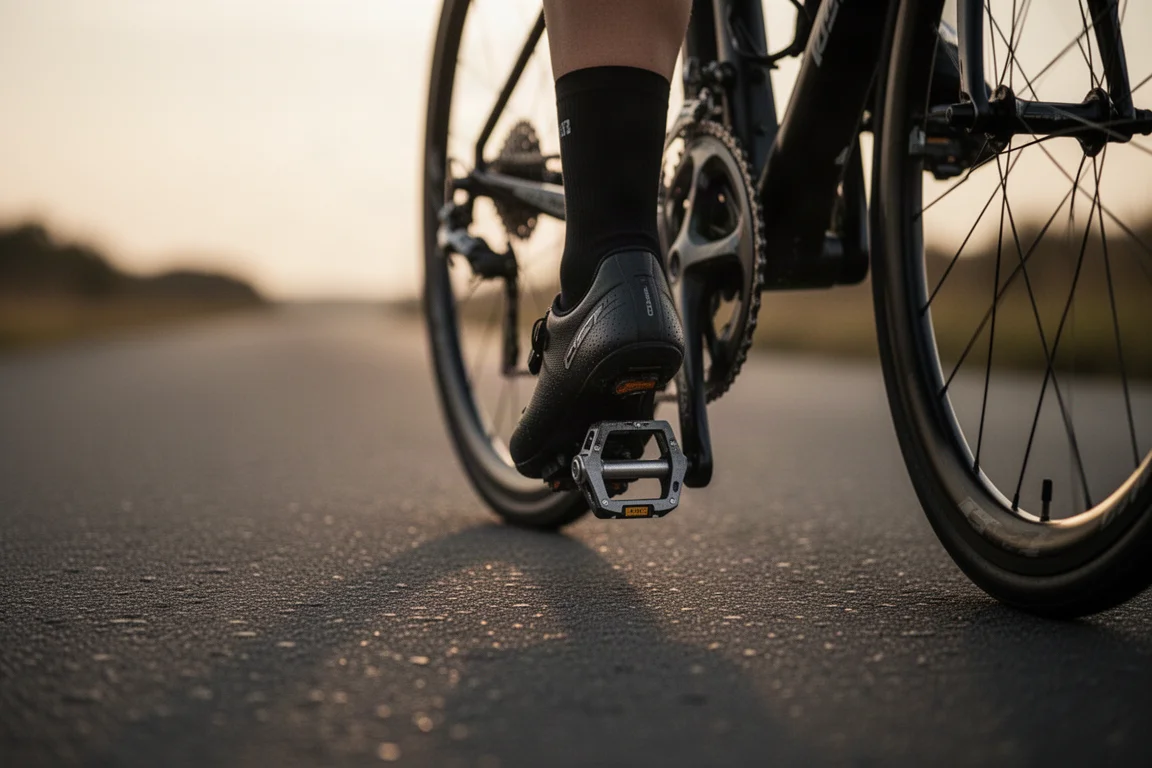 Scarpa da ciclista su strada che si aggancia a un pedale a basso profilo su una strada di asfalto tranquilla