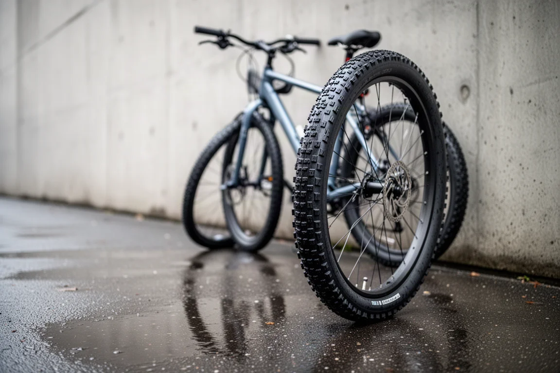 Bicicletta da pendolare con copertoni spessi accanto a un muro su una strada cittadina bagnata