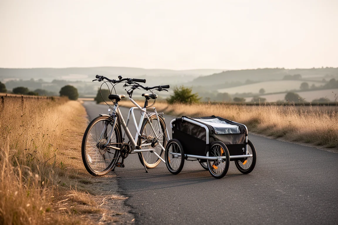 Bicicletta con carrello da trasporto a due ruote parcheggiata su una strada di campagna tranquilla