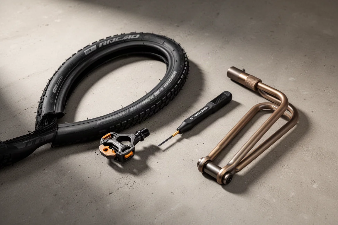 Flat lay of a bike tire, pedal with cleat, plug tool, and trailer hitch arm on concrete