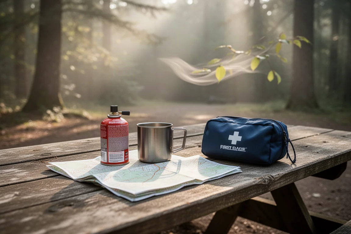 Équipement de camping disposé sur une table de pique-nique en bois sur un emplacement de camping