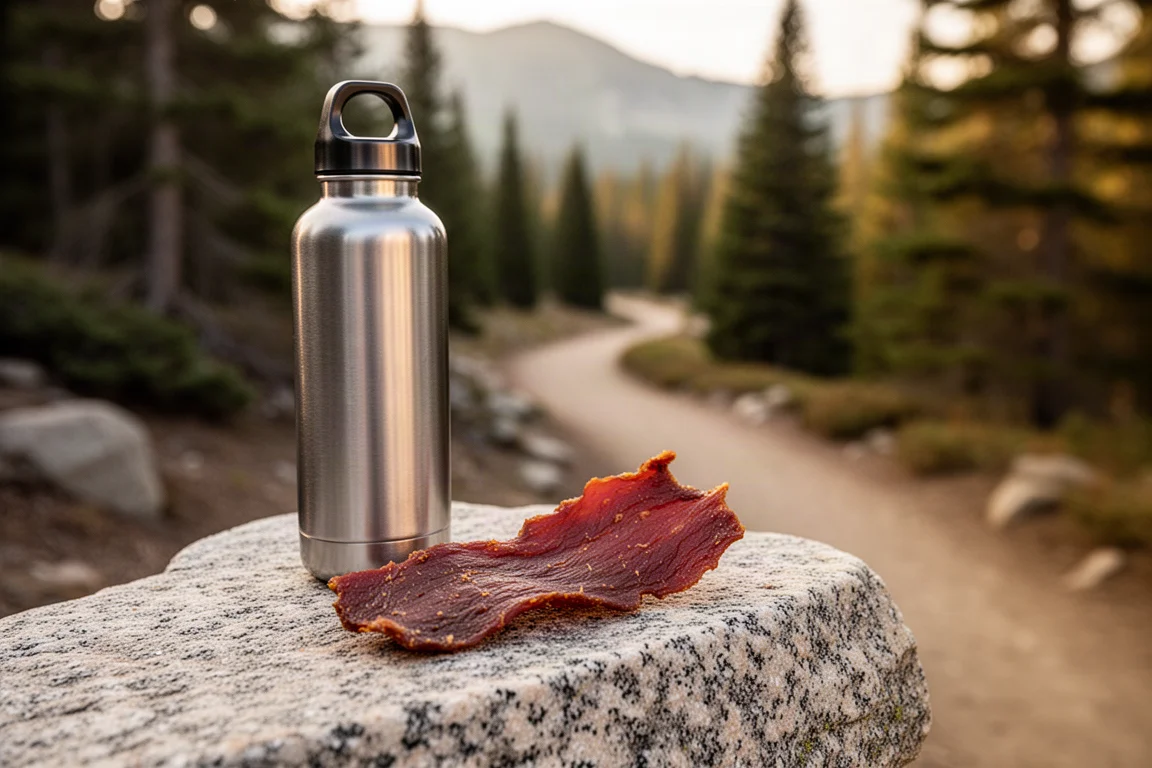 Morceau de beef jerky sur un rocher de granite à côté d'une bouteille d'eau sur un sentier