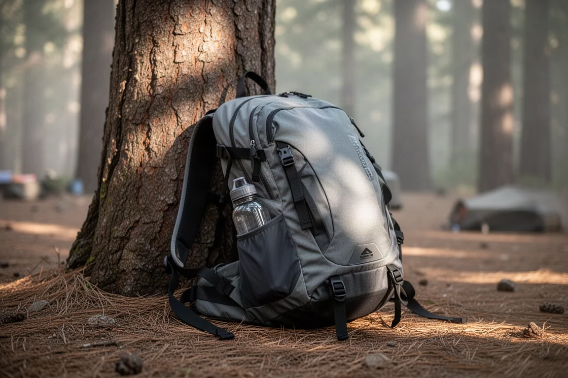 Sac à dos appuyé contre un arbre sur un emplacement de camping en forêt