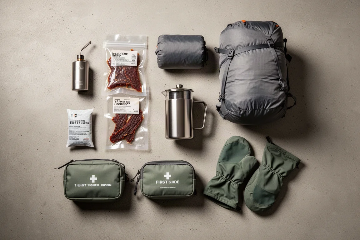 Flat-lay of camping gear including fuel transfer device, jerky, French press, backpack, first aid kit, rain mitts