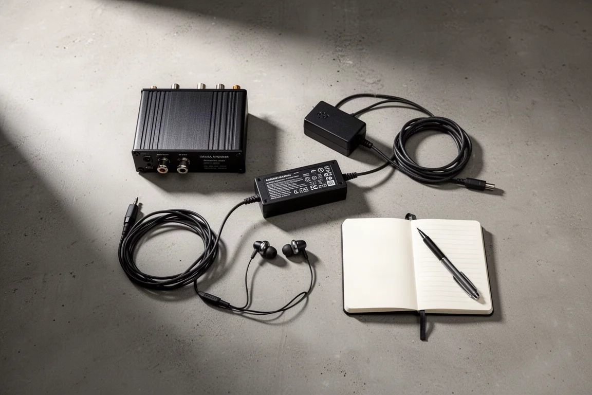 アンプ、電源、ケーブル、イヤホンを並べた控えめなオーディオ予算のフラットレイ