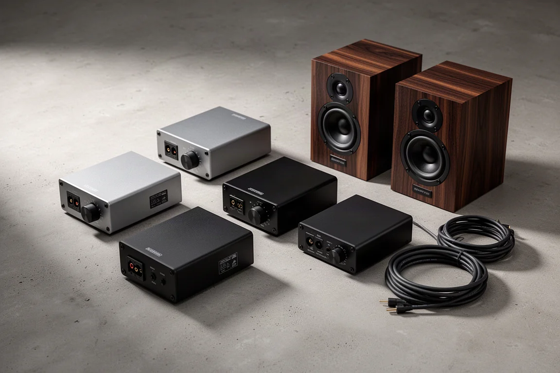 Four compact desktop amplifiers and small bookshelf speakers arranged on a concrete surface