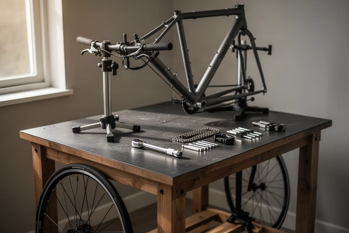 Bicycle repair stand, tools and a wheel on a workshop bench in soft daylight