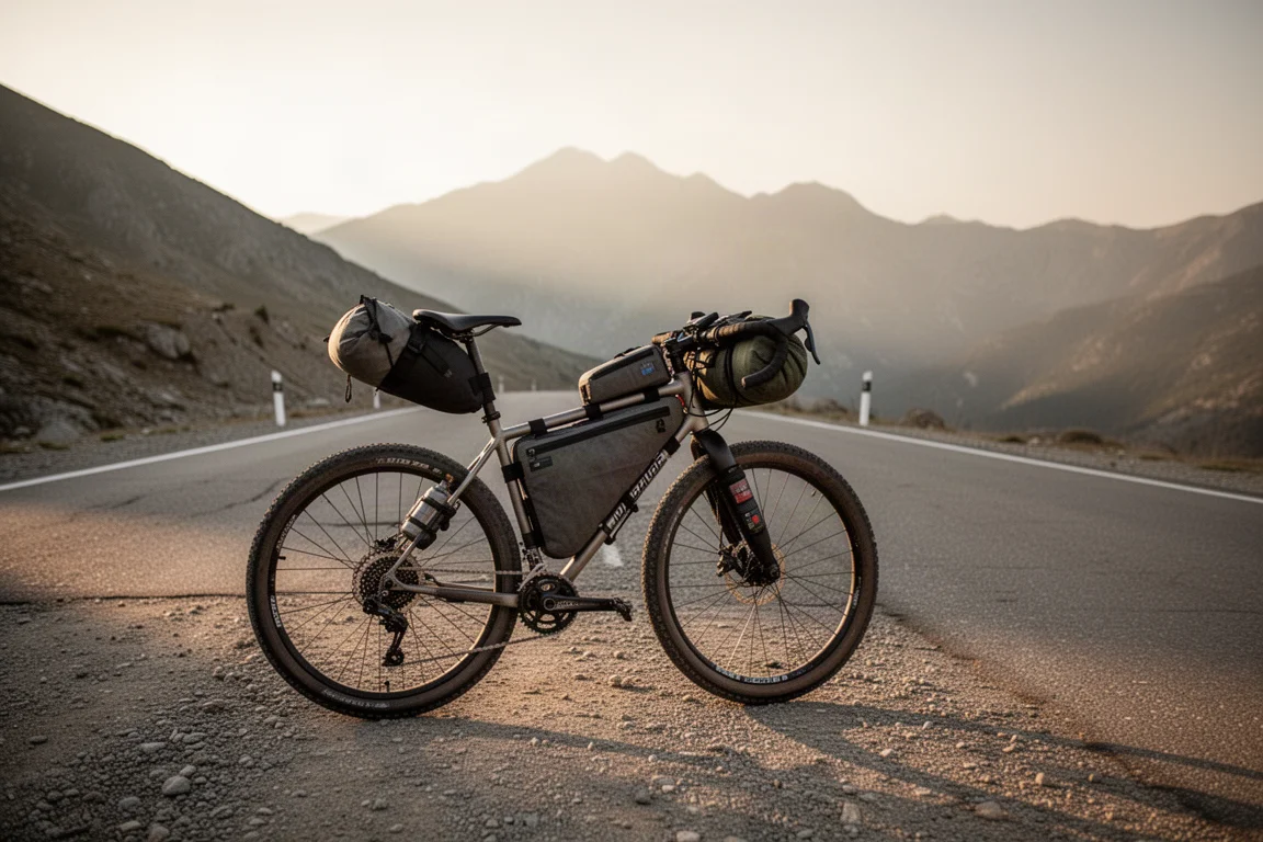 Loaded bikepacking bicycle parked on a mountain pass road at golden hour
