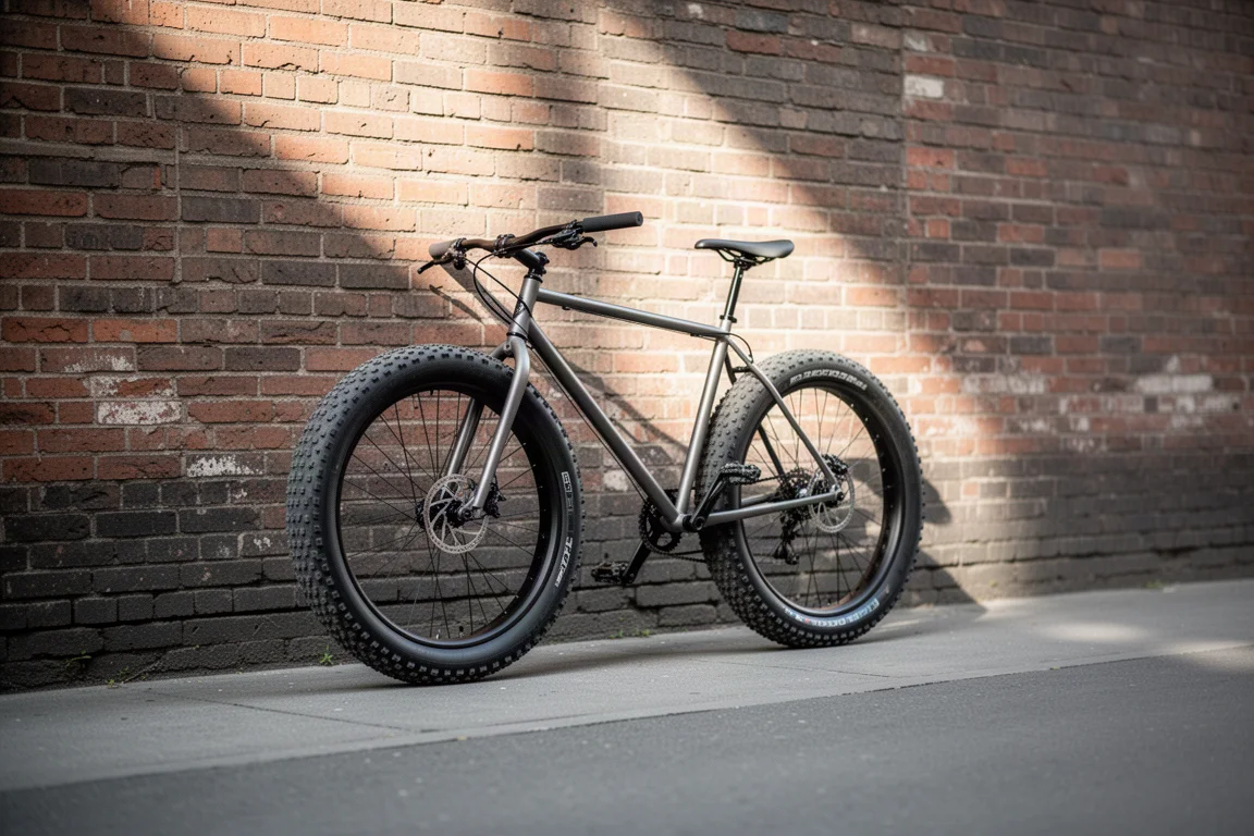 Single speed bicycle leaning against a brick wall on a flat city street in morning light
