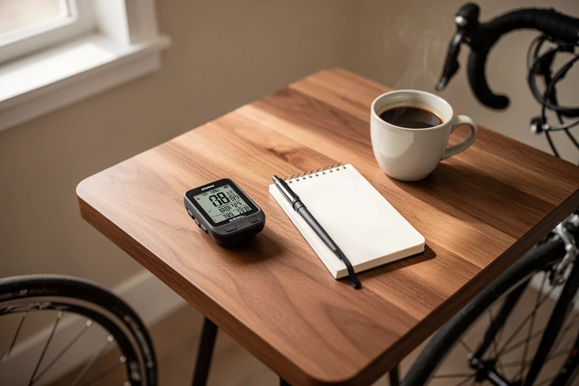 Cycling computer, notebook and coffee cup on a wooden table beside a bicycle wheel