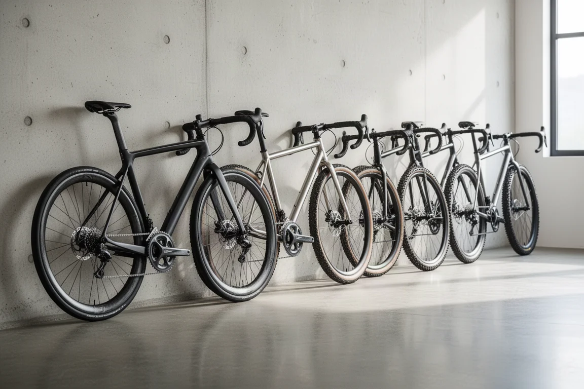 Sei biciclette da strada, gravel e ciclocross assemblate, allineate in un luminoso laboratorio minimalista