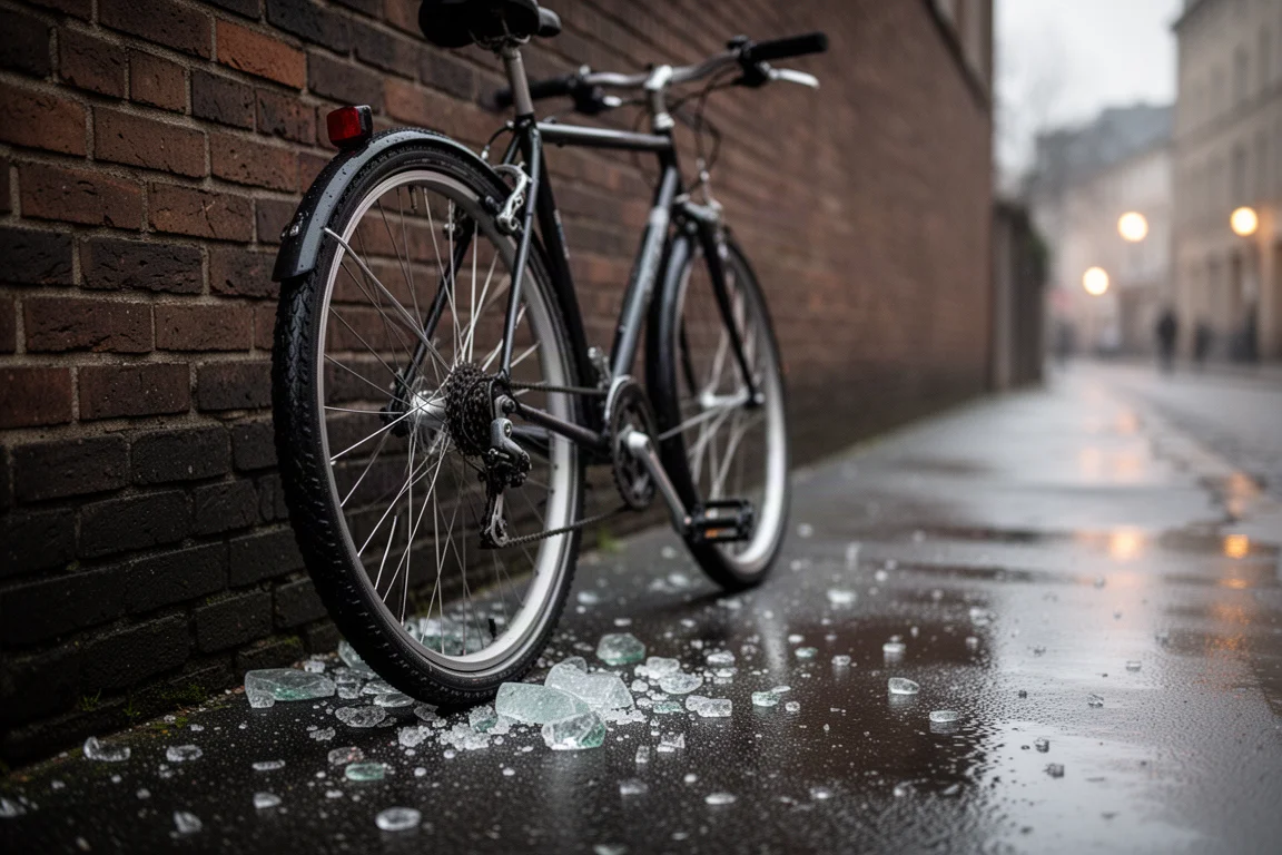 Bicicleta urbana apoiada em parede de tijolos em rua molhada ao anoitecer