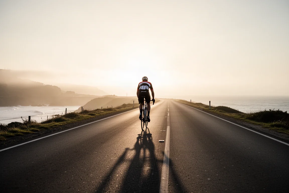Ciclista de estrada pedalando por uma estrada costeira vazia ao nascer do sol