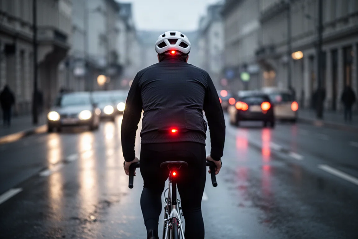 Rowerzysta widziany od tyłu o zmierzchu, z czerwonymi światłami świecącymi na białym kasku