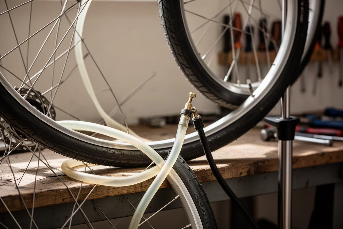 Cykelhjul på en verkstadsbänk med en golvpump ansluten till cykelslangens ventil