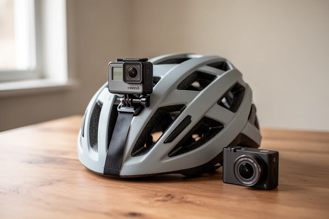 Kompakt actionkamera monterad på en ventilerad cykelhjälm som vilar på ett bord