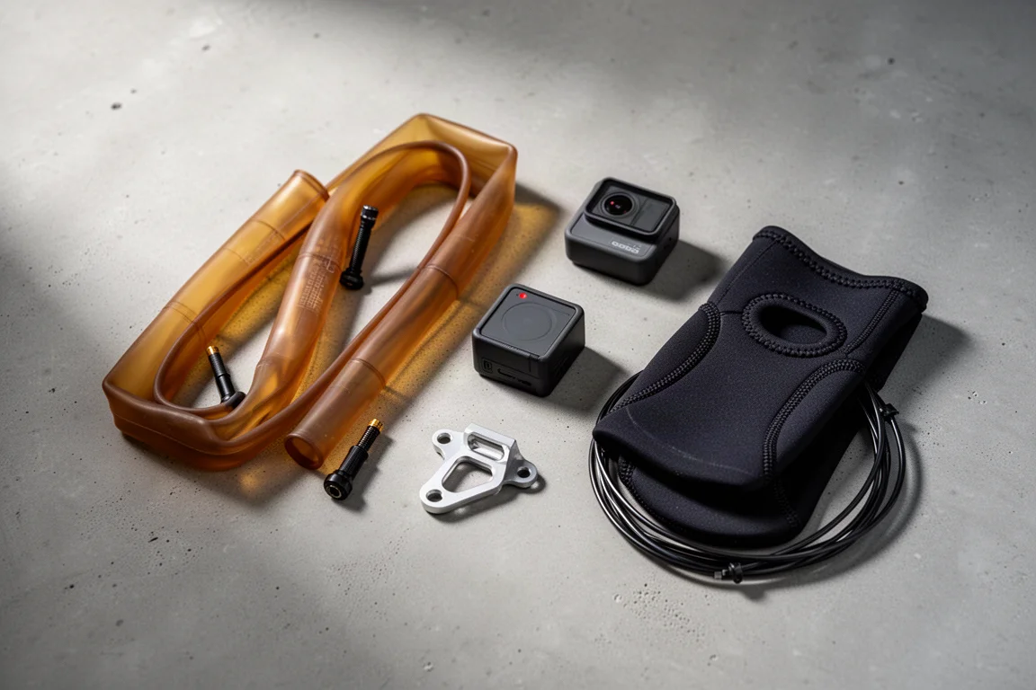 Flat-lay di attrezzatura da ciclismo con camere d'aria TPU, un'action camera e copriscarpe in neoprene