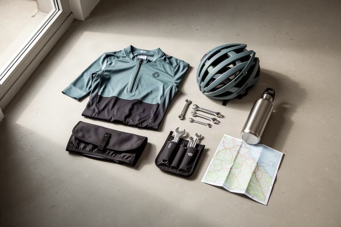 Flach liegende Cycling-Ausrüstung von oben, darunter Trikot, Helm, Flasche und Routenkarte