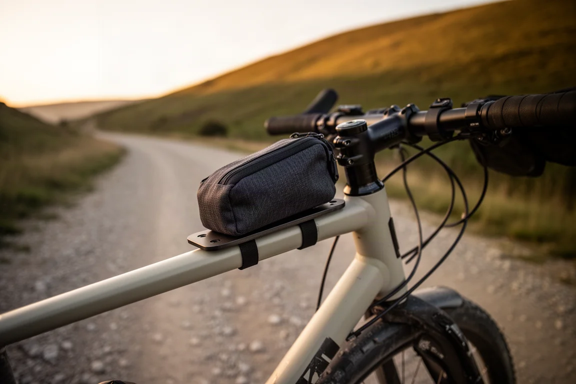 Nahaufnahme eines Top Tube Bags an einem sauberen Bikepacking-Rahmen im goldenen Licht