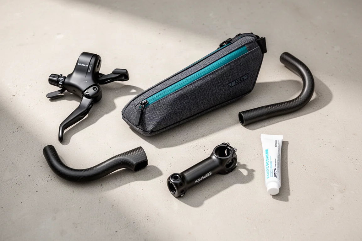 Overhead arrangement of cycling components including shifter, top tube bag, handlebar and pump