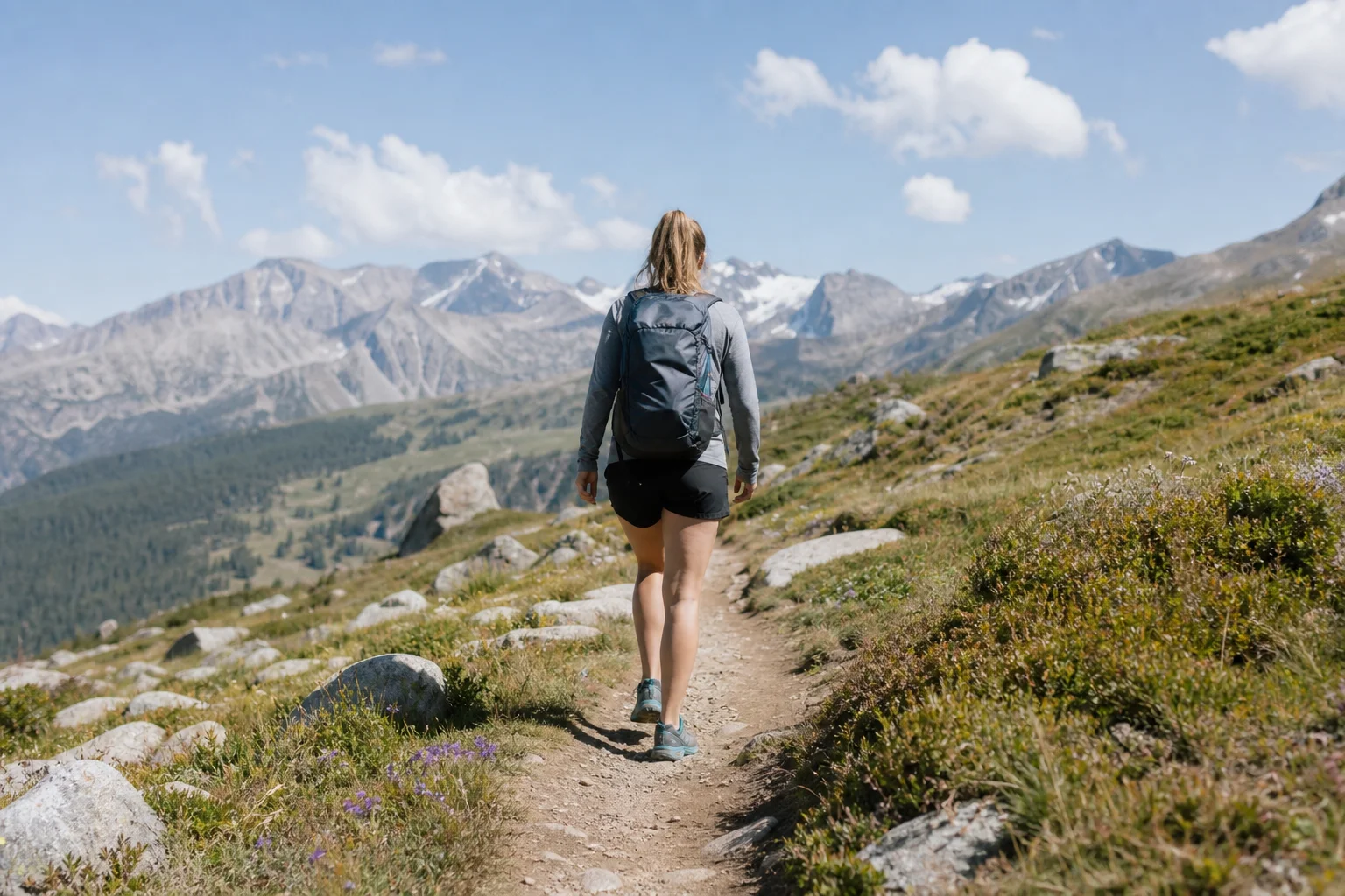 Escursionista su un sentiero di montagna soleggiato con attrezzatura minima e terreno aperto