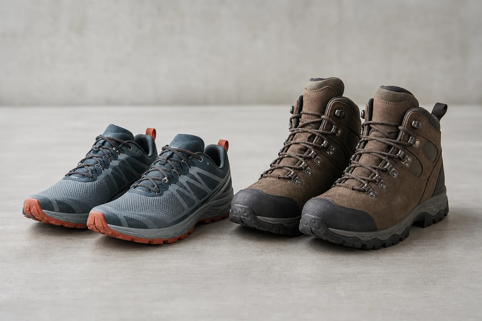 Scarpe da trail leggere e scarponi da escursionismo mostrati fianco a fianco
