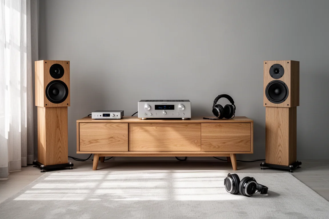 Quiet listening room with stand-mounted speakers, a small desktop converter, and open-back headphones
