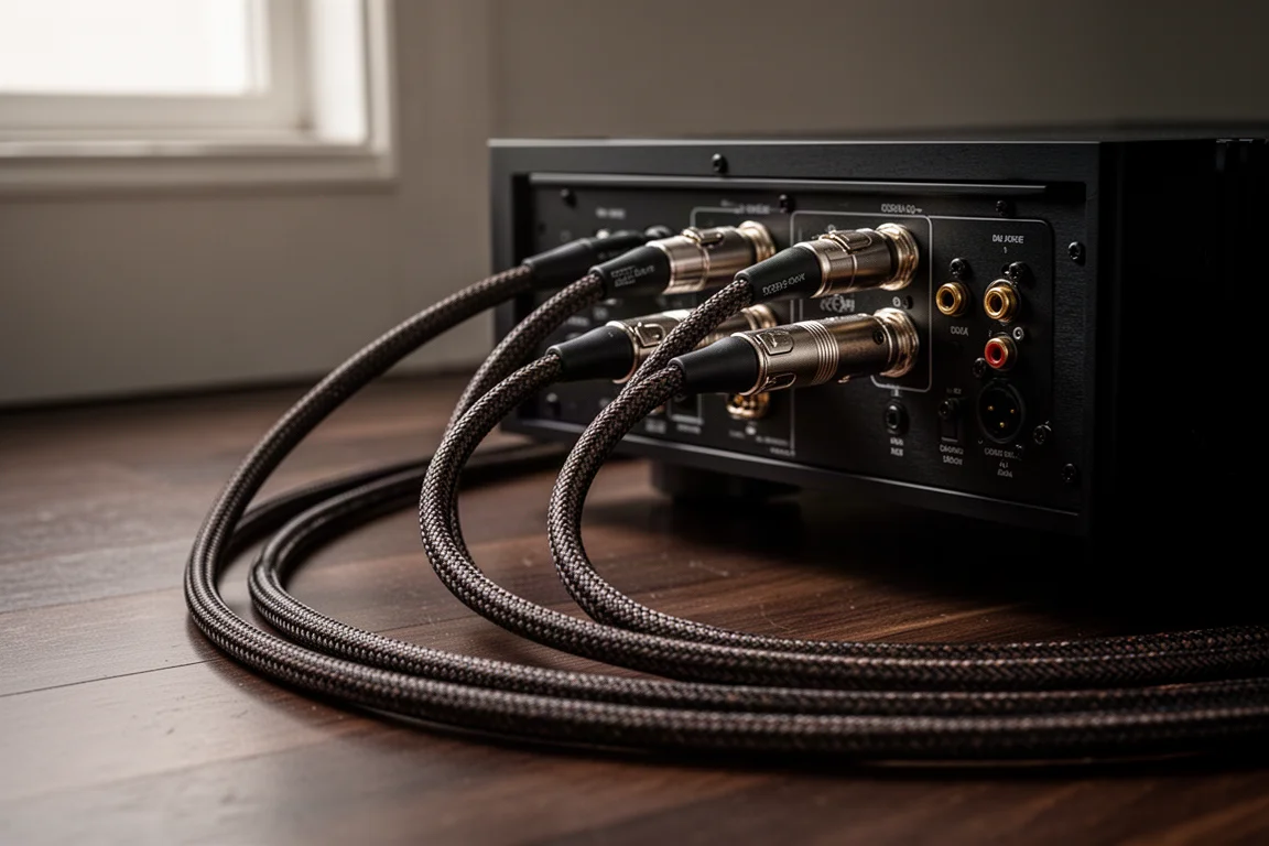 Balanced XLR interconnects plugged into the rear panel of a desktop audio component