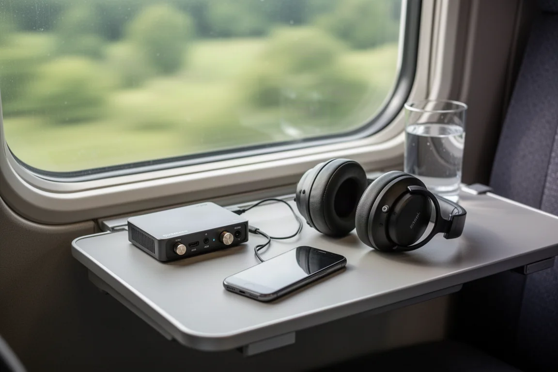 Portable DAC, smartphone, and closed-back headphones on a train tray table beside a window