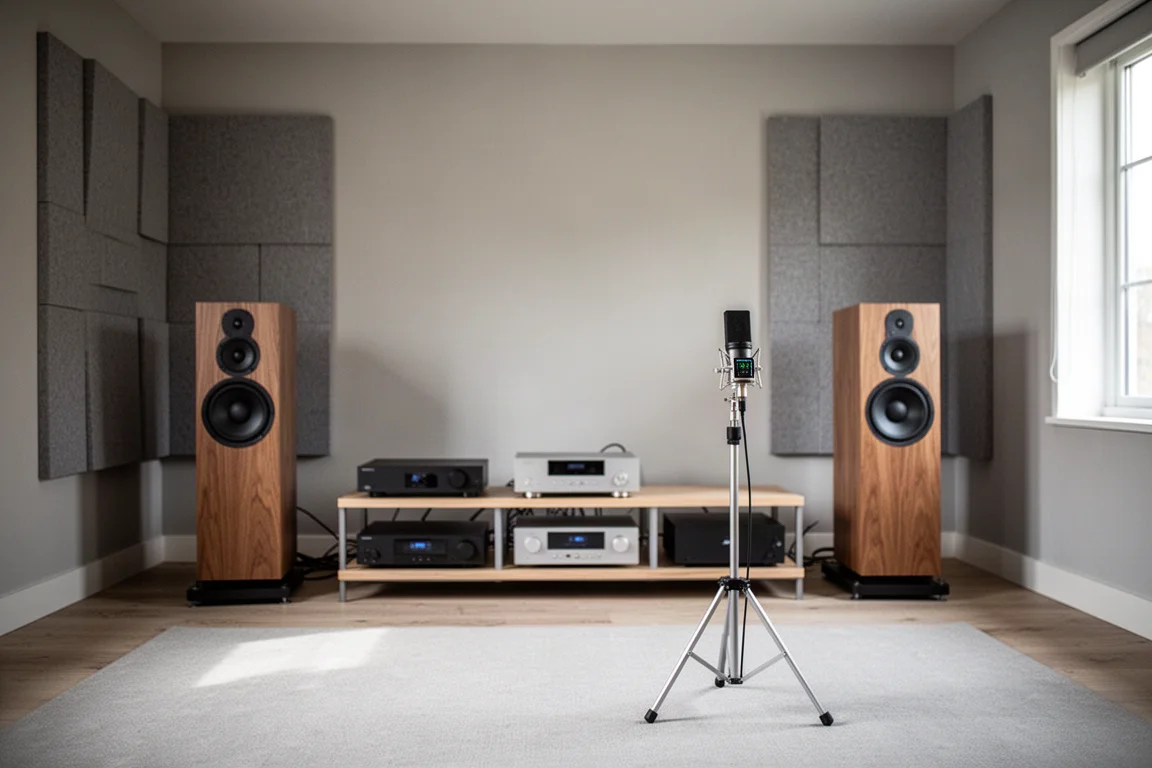 Treated listening room with acoustic panels, floorstanding speakers, and a measurement microphone