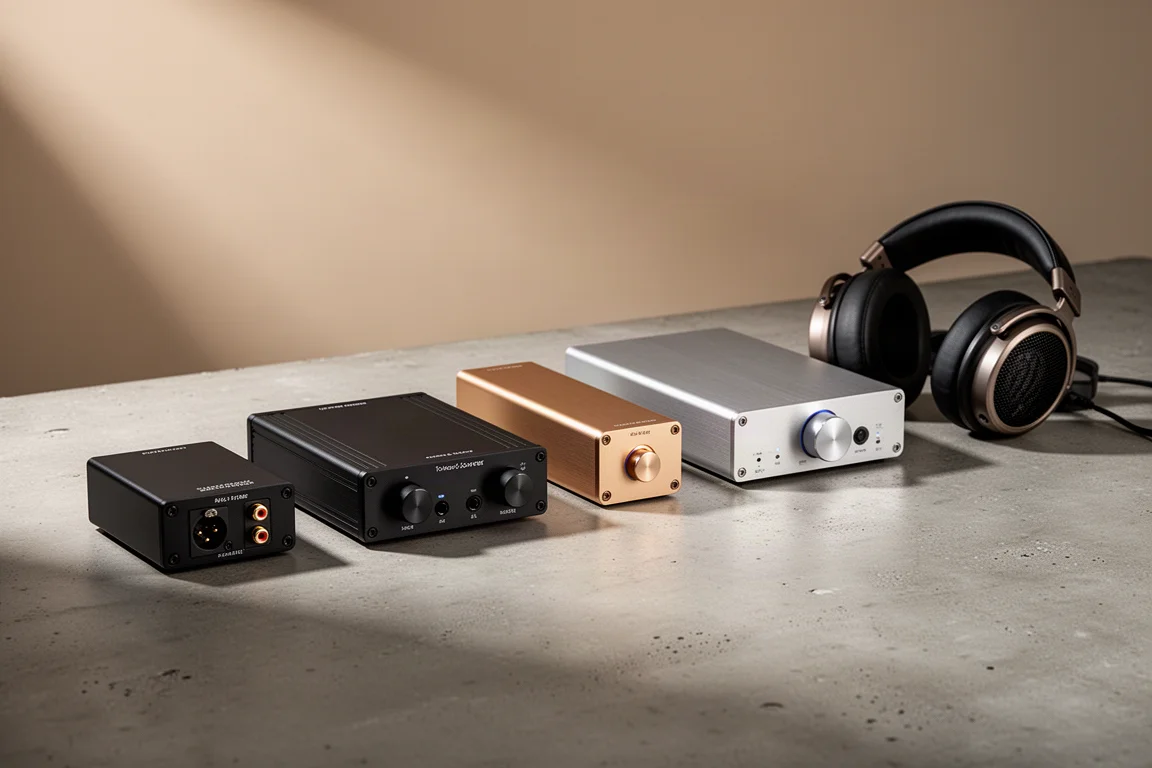 Six digital to analog converters of different sizes arranged on a concrete surface with headphones