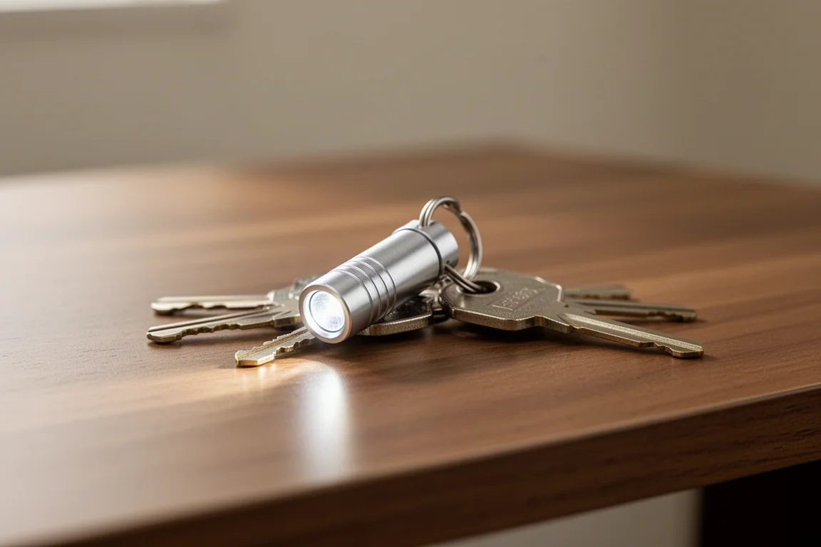 Tiny keychain flashlight clipped onto a carabiner beside keys
