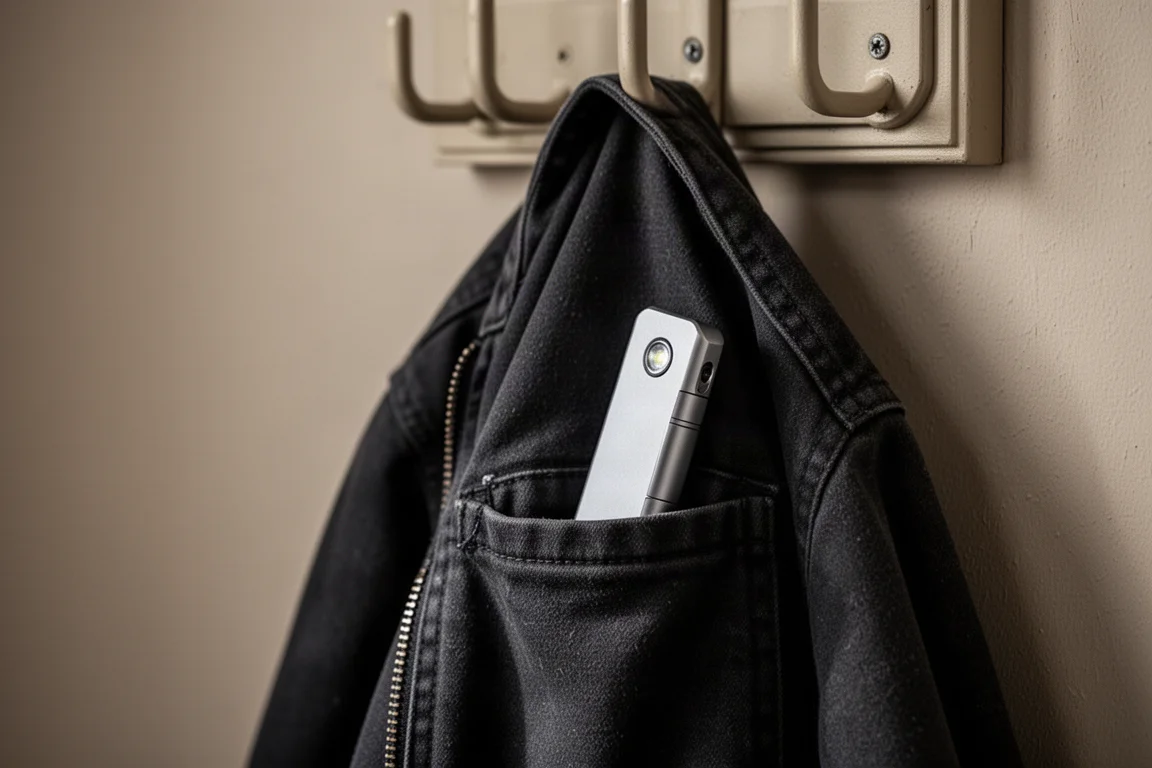 Slim flat flashlight disappearing into a jacket pocket