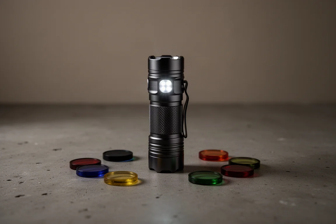 Flashlight with colored side filters glowing in dim light